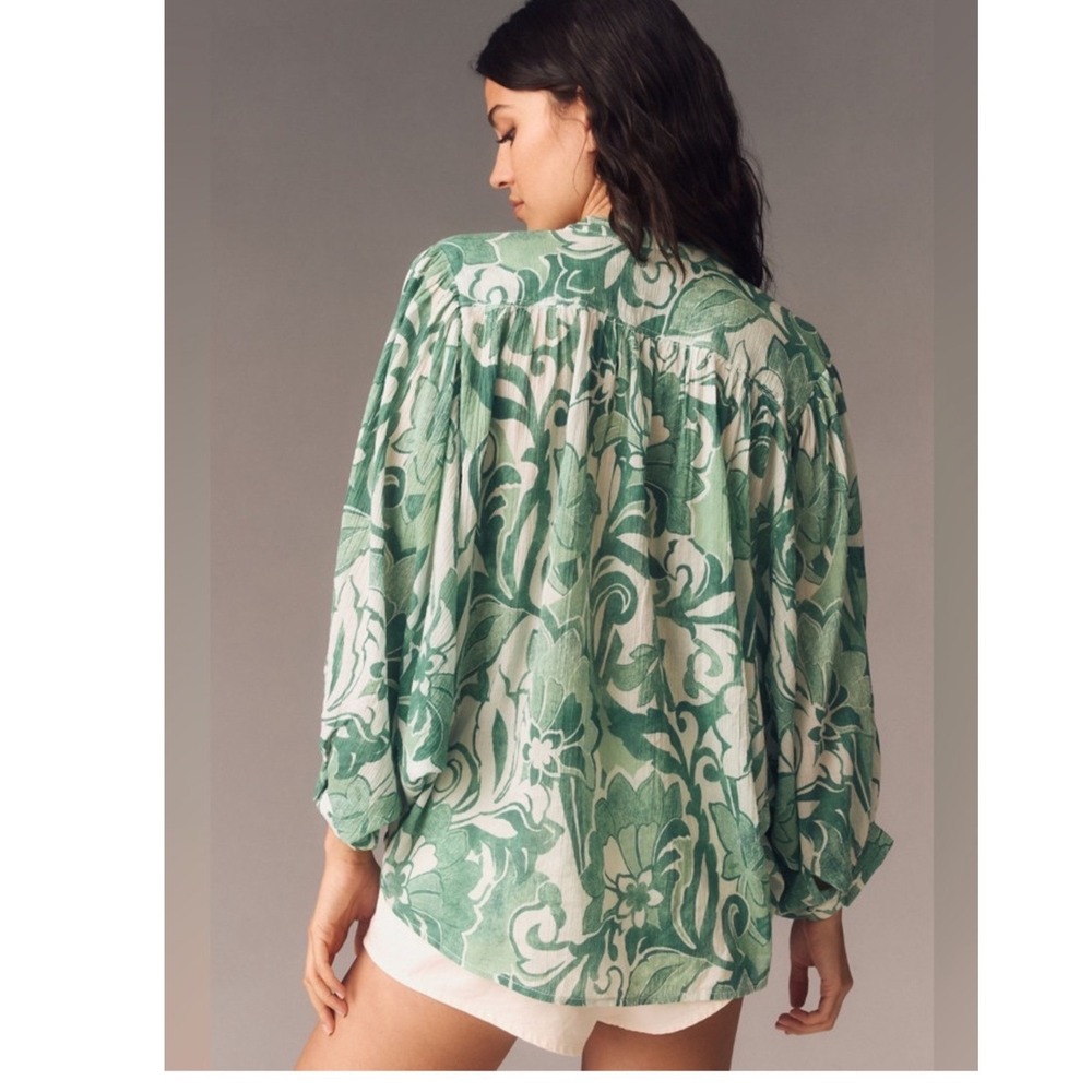 Pilcro Blouse Green White Floral Dolman Sleeve Button Up Boho Flowy Romantic - Picture 3 of 15